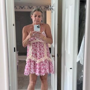CHIO Floral Frill Short Dress Pink, Medium, unlined pull on styling